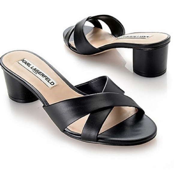 Karl Lagerfeld Fawn Leather Cross Strap Mule Sandals Size 10M Black EUC - Picture 2 of 9